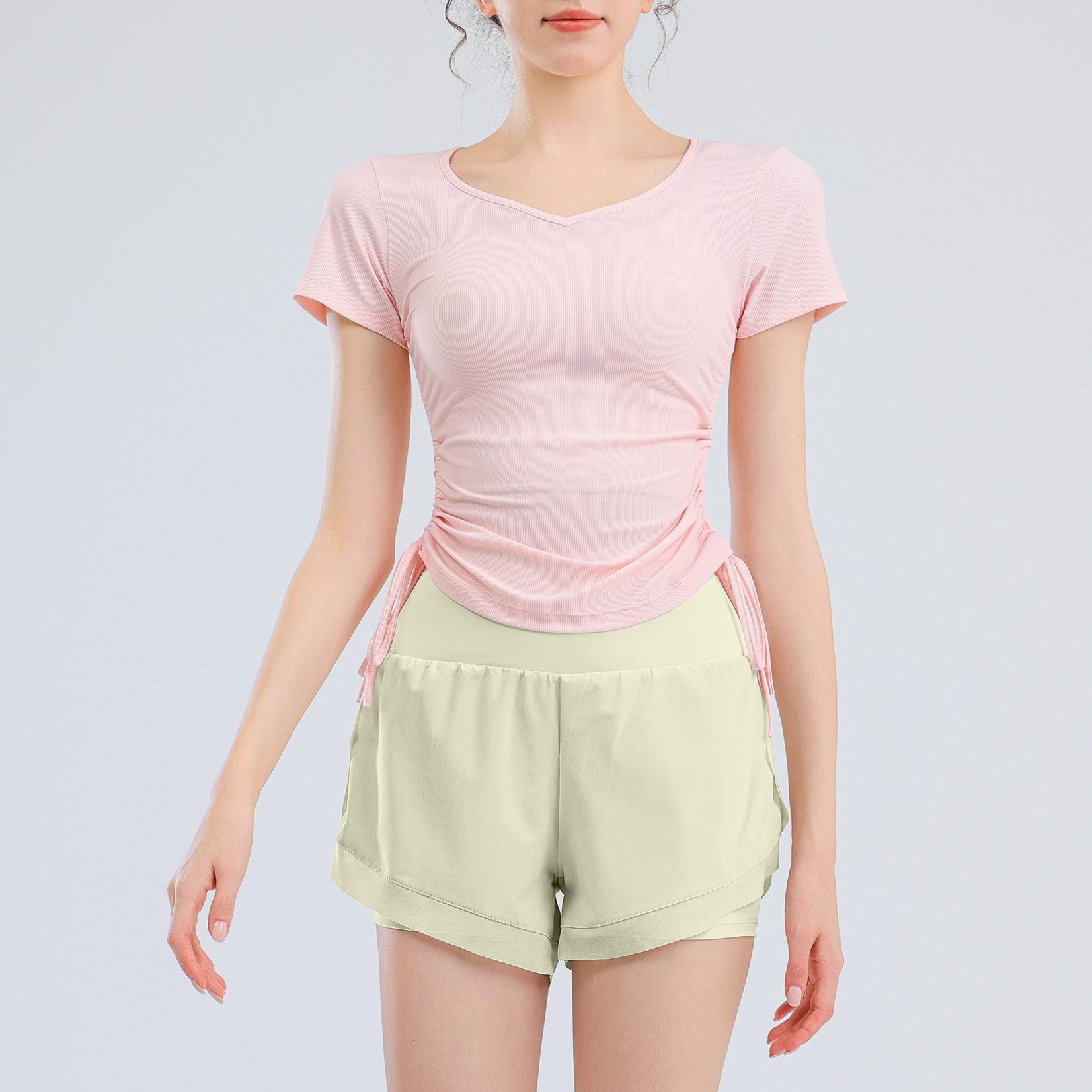 

Женская спортивная футболка с V-образным вырезом и коротким рукавом - Однотонная, Дышащая, Облегающий фитнес-топ для весны/лета. M розовый/зелёный