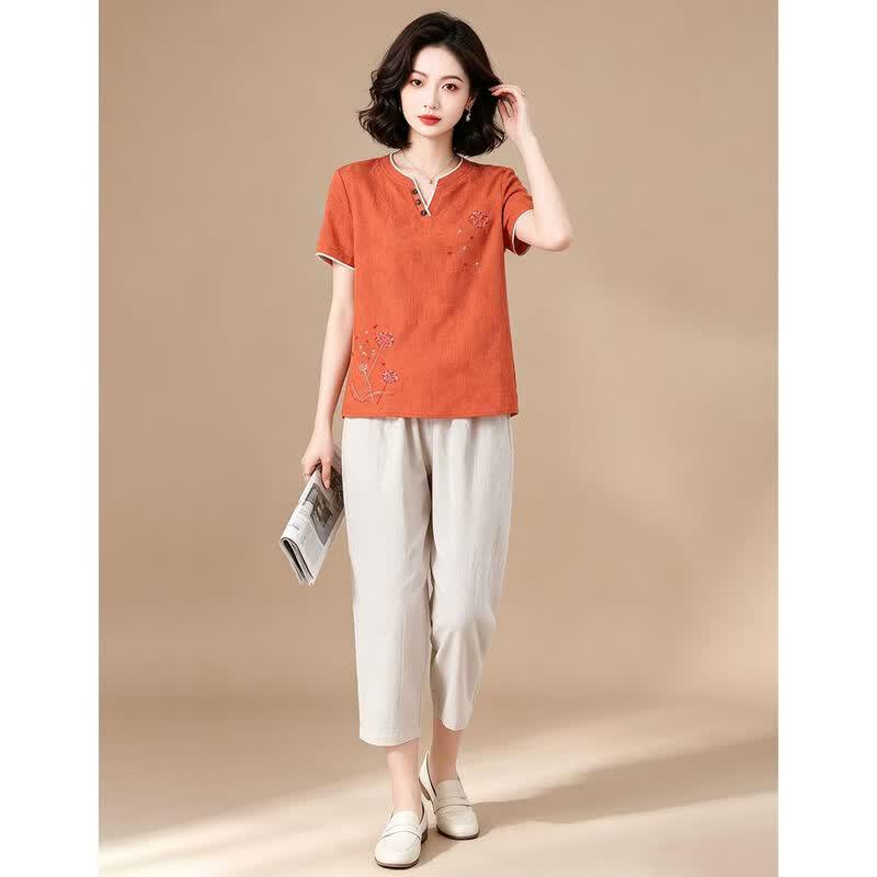 Women's Embroidered Crew Neck Top & Capri Pants Set