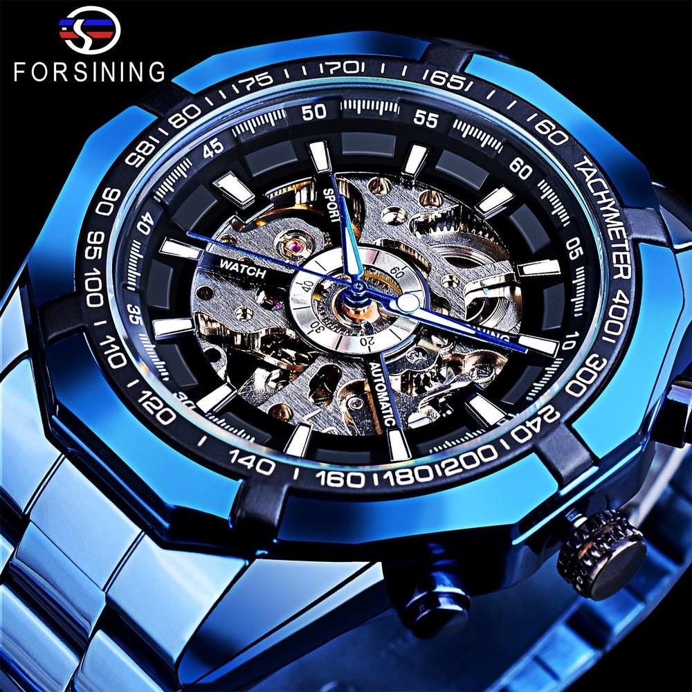 Forsining Men's Automatic Skeleton Watch Hollow Mechanical Luxury Blue Black Stainless Steel Waterproof Modern Wristwatch