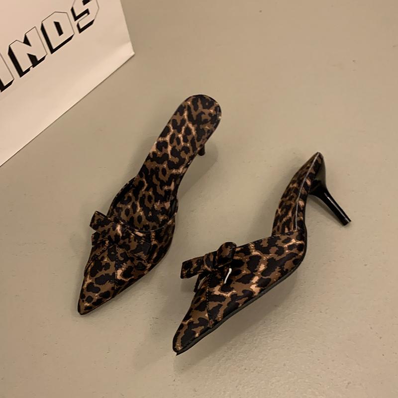 Fashion 2025 New High Quality Women Shoes Bow Knot Leopard Print High Heel Slippers Women Slippers Sandals