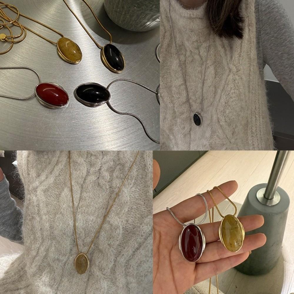 Retro Necklace for Women Advanced Stone Pendant Necklace Trendy Sweater Chain  Clothing Accessories