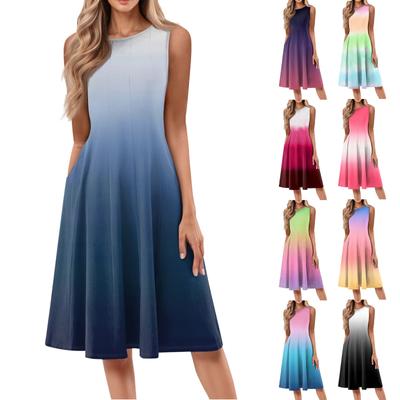 Lässiges und modisches Damenkleid mit Rundhalsausschnitt, ärmellos, bedruckt, mittellang