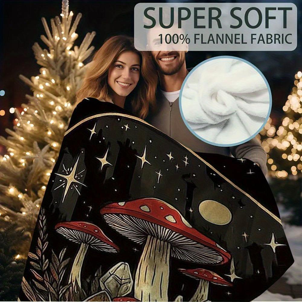 1pc 60x80 Inch Single-Sided Printed Blanket - Mystical Forest Design with Mushrooms, Crystals & Celestial Stars, Retro Style