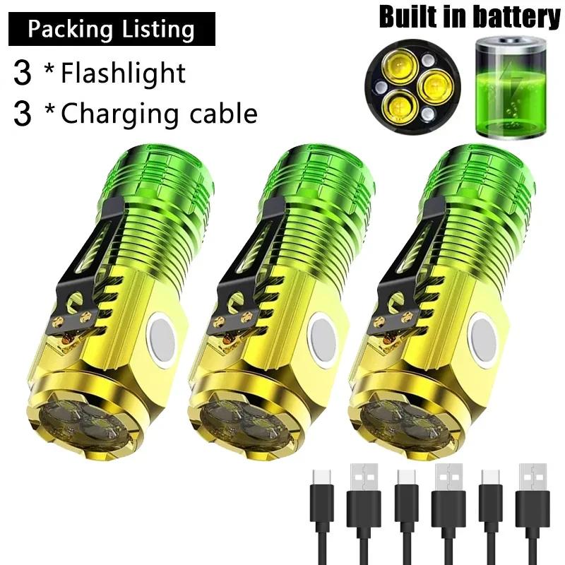 Super Bright Mini 3LED Flashlight With Pen Clip And Tail Magnet,Builtin Battery USB Charge Outdoor Portable Torch Emergency Lamp