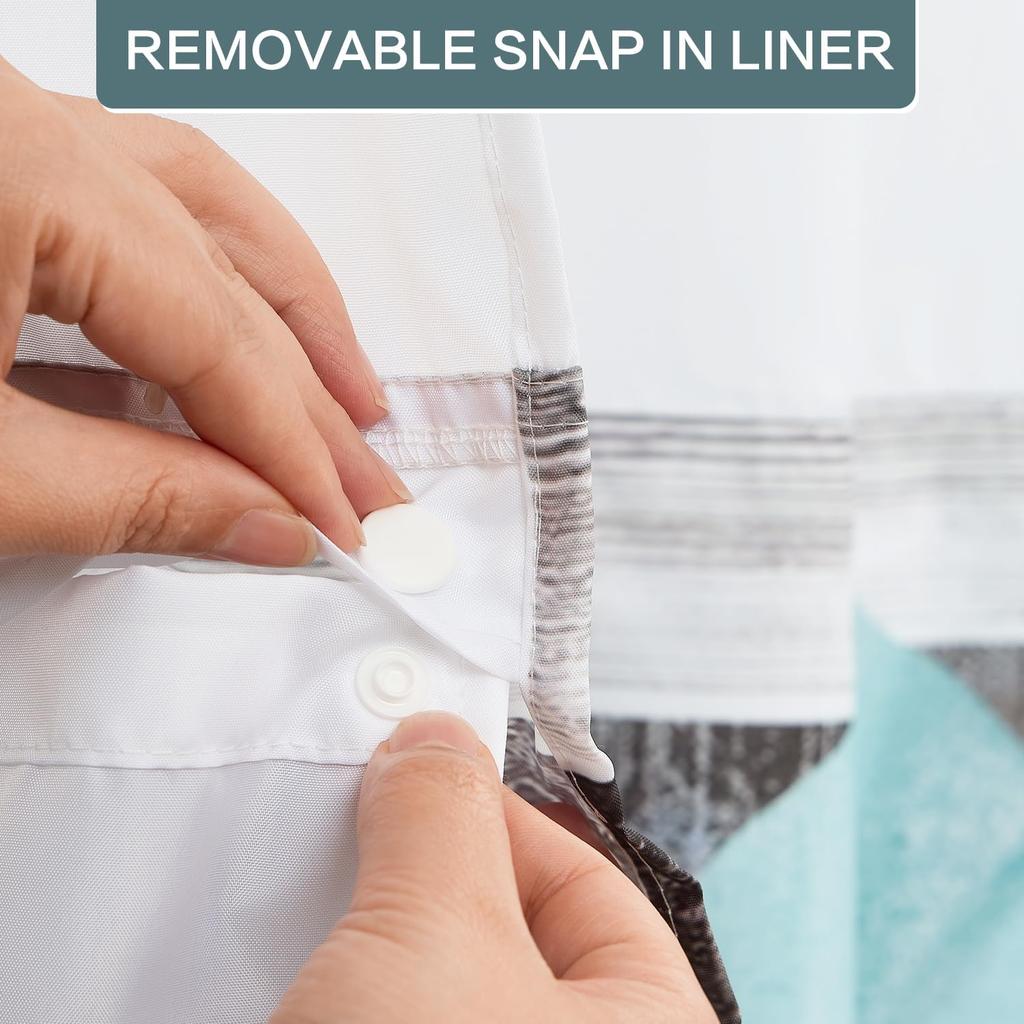 DASHAN No Hook Shower Curtain with Snap In Liner, Rustic Floral Shower Curtains for Bathroom, Teal Flowers Bath Curtain Wood Country Farmhouse Fabric