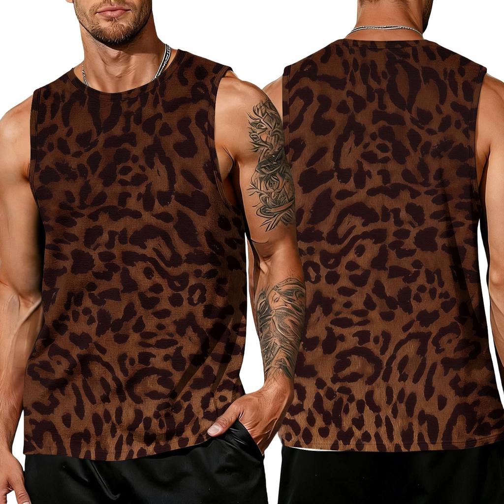 Men's Casual Sleeveless Tank Top Leopard Print Athletic Breathable Lightweight Muscle Shirt for Sports Gym Training