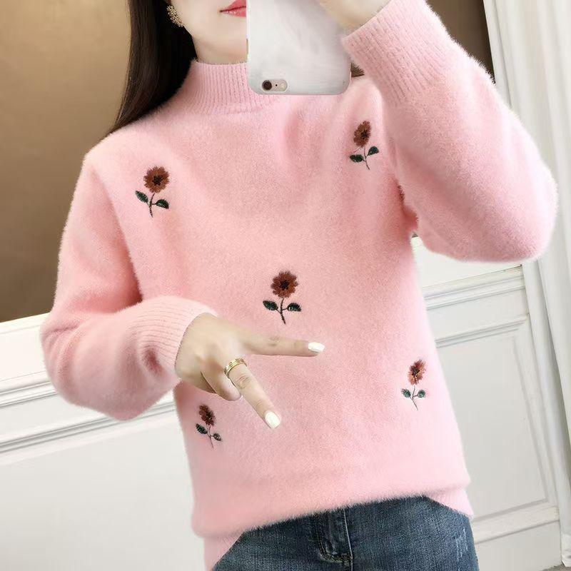 Mink fleece sweater women's outer wear - autumn and winter new loose temperament thickened embroidered semi-turtleneck knitted sweater