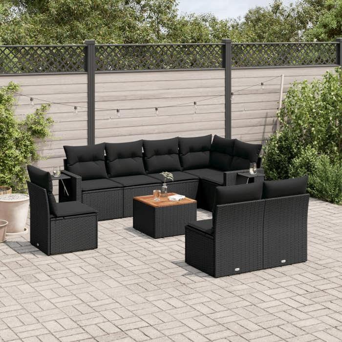 VidaXL Salon de Jardin avec Coussins 9 pcs, Canapés de Terrasse, Ensemble de Meubles de Patio, Mobilier d'Extérieur, Noir 3256930