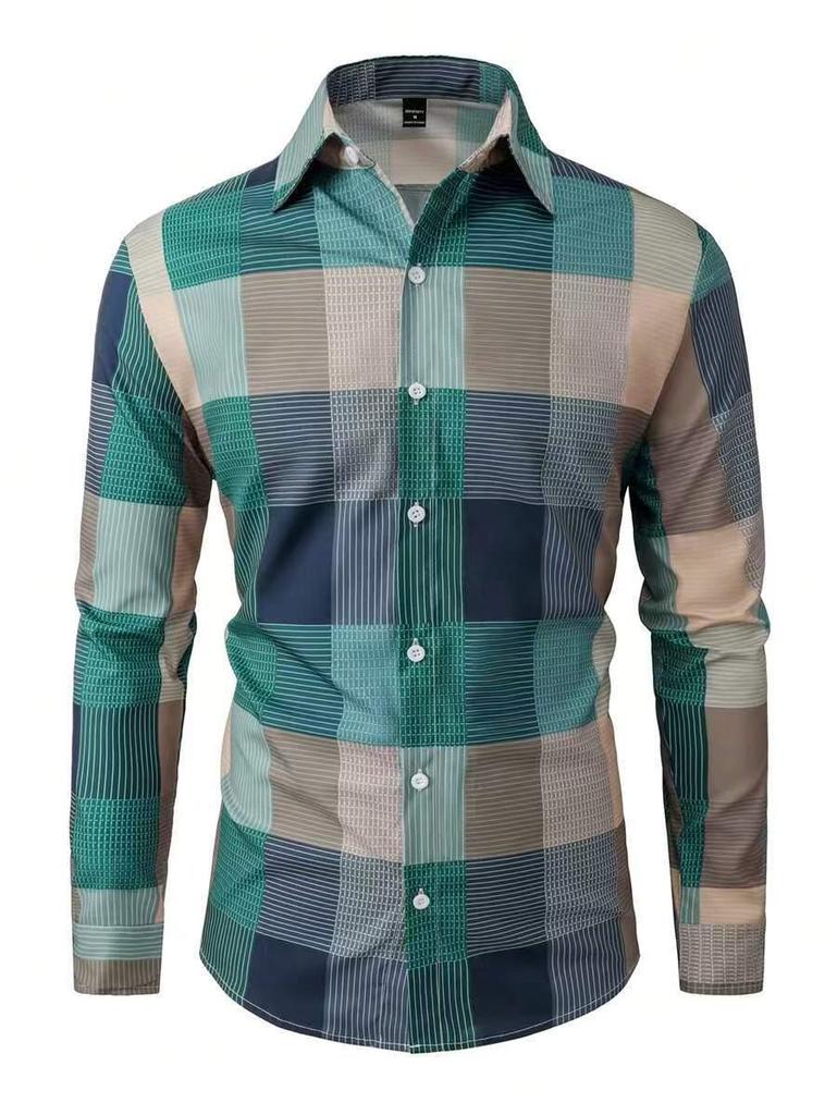 Men's Plaid Pattern Digital Print Long-Sleeve Button-Up Shirt for Autumn and Winter