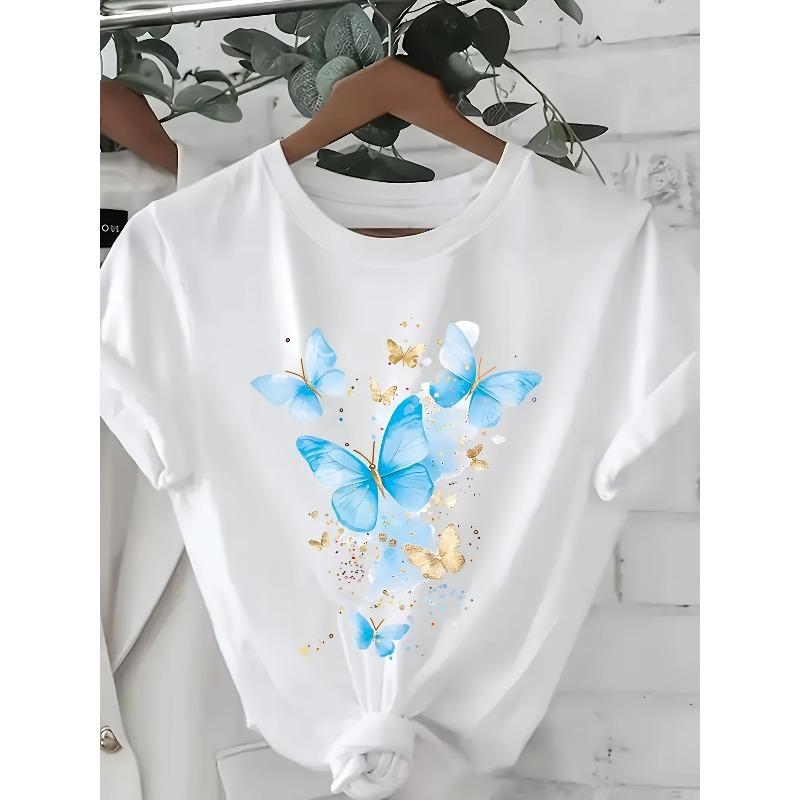 

European Size Butterfly Print T-Shirt for Women, Summer 4XL білий