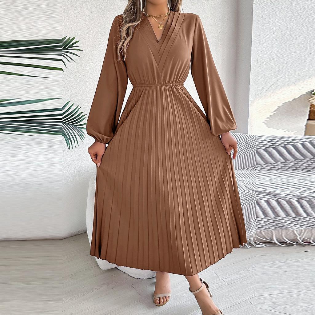 Women's Fashion Retro Color Elegant V-Neck Long Sleeve Waist Pleated Dress
