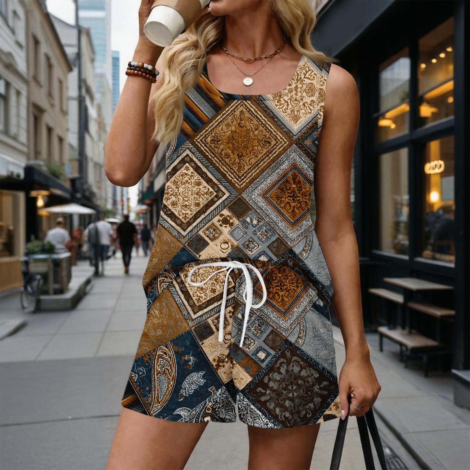 

Women s Summer Casual Shorts Two-Piece Set with Retro Print Vest, Square Neck, Sleeveless Sportswear with Pockets XXL зелений