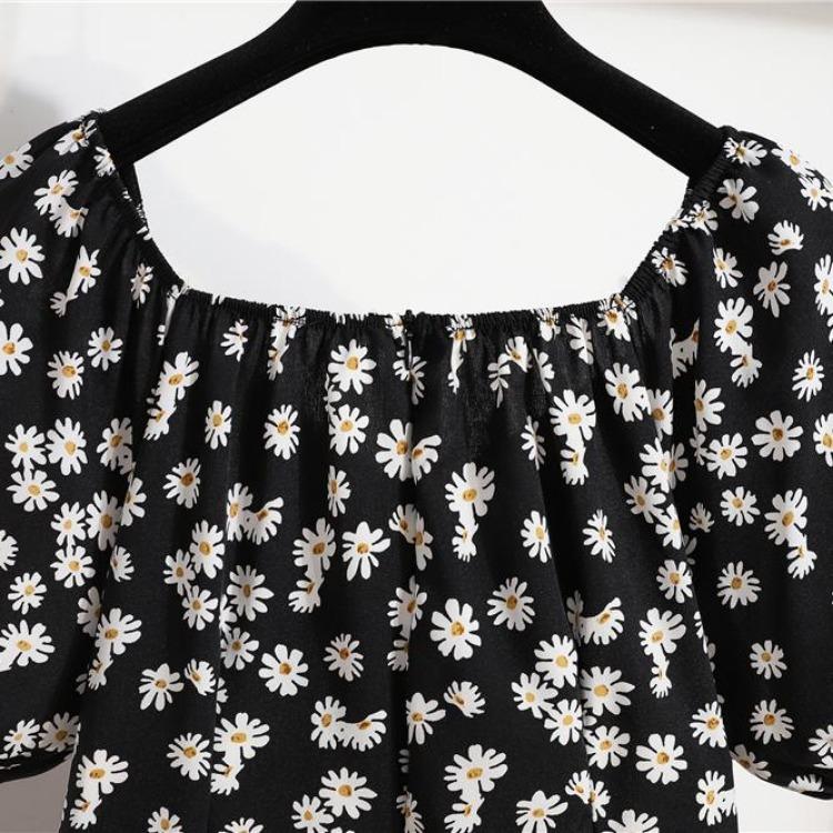 Korean Style Elegant Floral Printed Women Mini Dress Bohemian Pleated Puffy Sleeve Sexy Summer Vestidos Shirring Female Short Dress