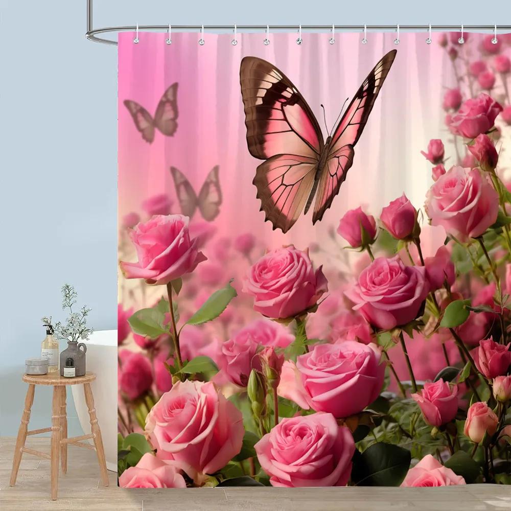 Hübscher Blumiger Duschvorhang Blühende Blume Schmetterling Lotus Polyesterstoff Heim-Duschvorhänge Badezimmer Dekoration Mit Haken