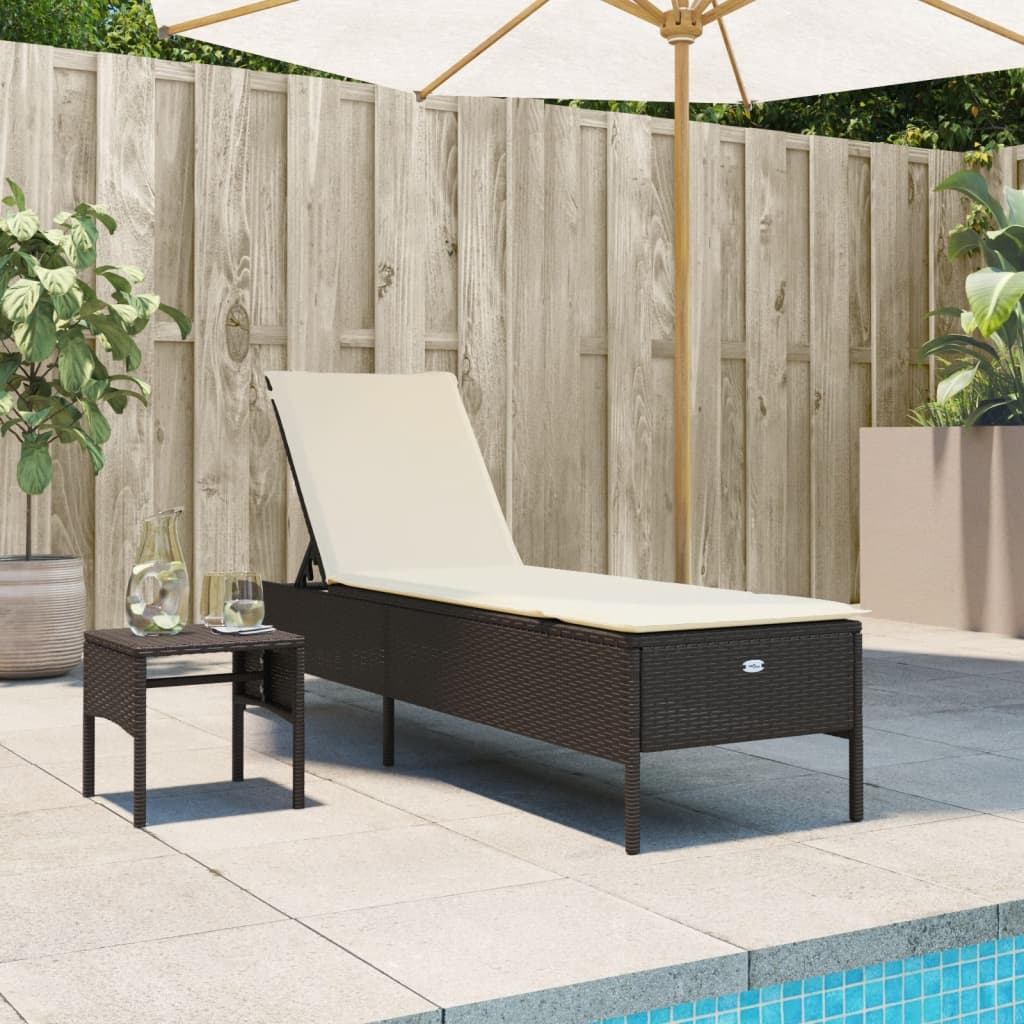 Sun Lounger with Table and Cushion Brown Poly Rattan