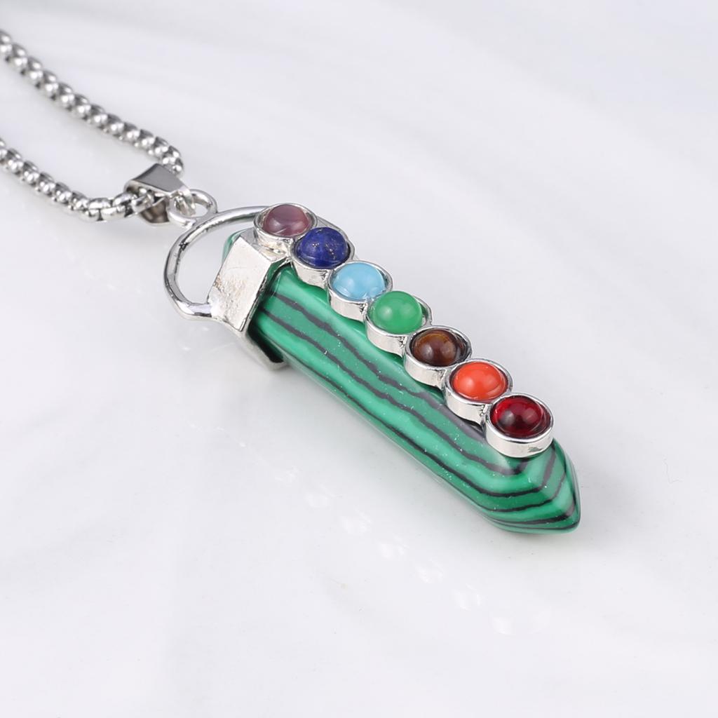 1Pc, Spiritual Healing Crystal Pendant Necklace, Geometric Double-pointed Hexagonal Pyramid Inlaid Seven Chakra Gems Charms Necklaces for Women Men