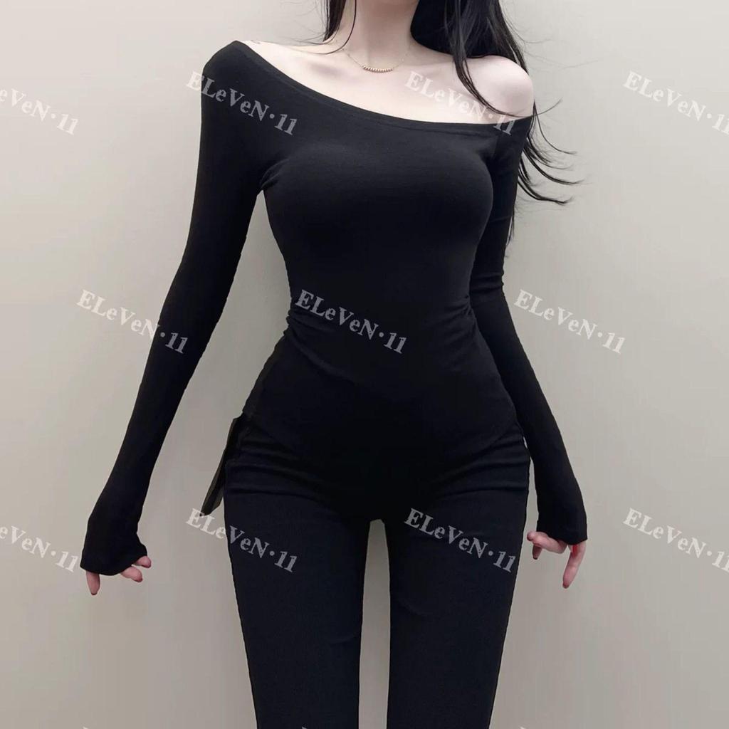 Korean Style Sexy Off-Shoulder Slim Fit Long-Sleeve T-Shirt for Autumn/Winter