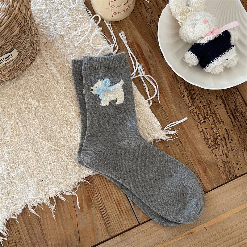 Winter Socks Cartoon Puppy Bow Wool Socks Cute Warm Socks Stacked Socks