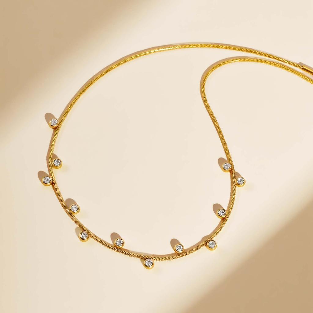 Dainty Round Snake Chain White Zircon Necklace,Gold Plated Women's Stainless Steel Necklaces,Fashion Charm Jewelry Gifts