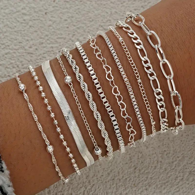 

11pcs Chic Snake Chain Bracelet Set for Women Boho Simple Elegant Heart Geometric Chain Vacation Date Casual Jewelry Gifts 2026