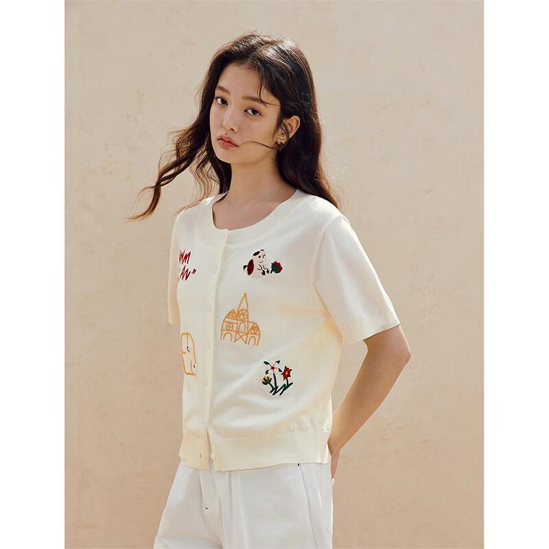 INMAN Women's Cool Ice Silk Embroidered Short-Sleeve Knit Cardigan