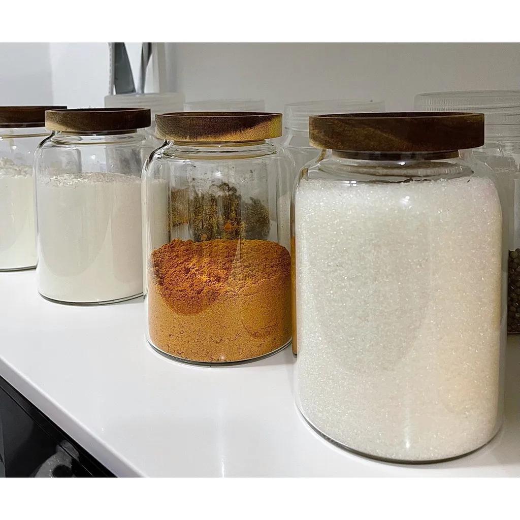  3L Kitchen Glass Jars With Acacia Airtight Lid For Flour And Sugar Baby Food Container Heat Resistant Transparent Glass