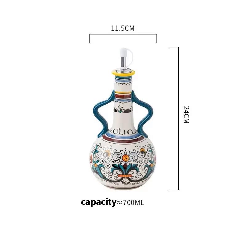 Vintage Floral Ceramic Oil Bottle 600ml, Hand Painted Polish Style Vinegar Dispenser with Handle, Kitchen Decor Cruet