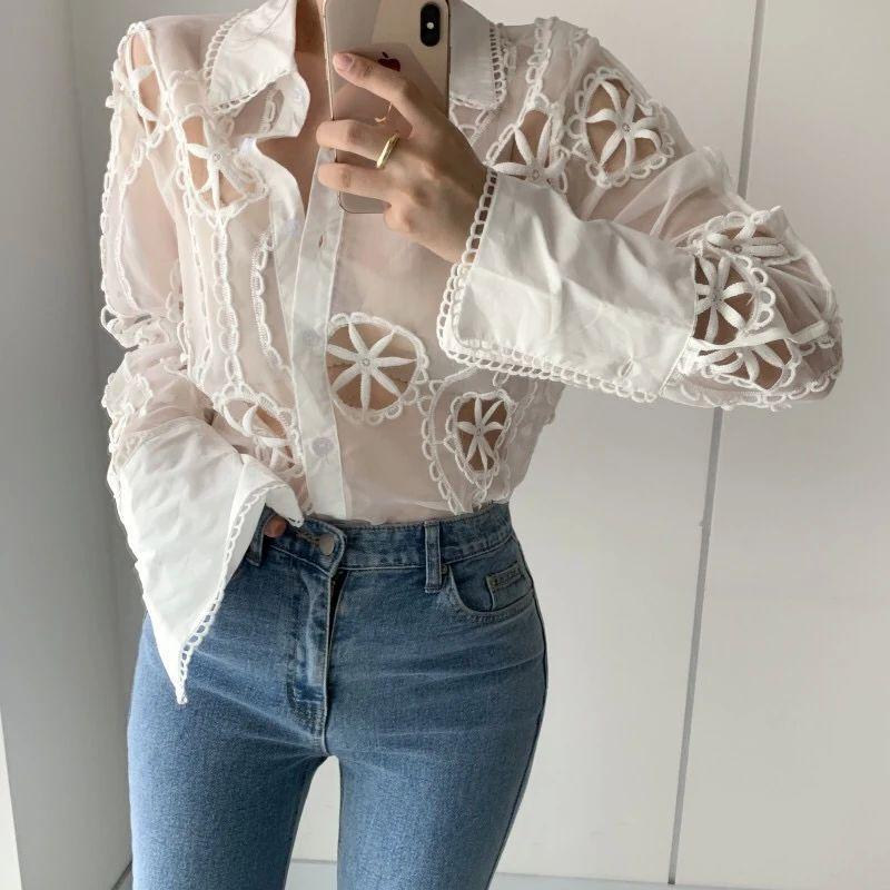 

Collar Hollowed out Mesh Pattern Shirt Lapel Hollow out Mesh Pattern Shirts WHITE One size