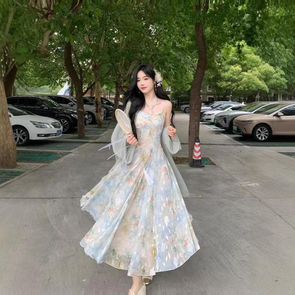 Retro Oil Painting Style Printing Suspender Dress Summer Atmosphere Super Fairy Romantic High Waist Thin Long Dress Temperament Skirt