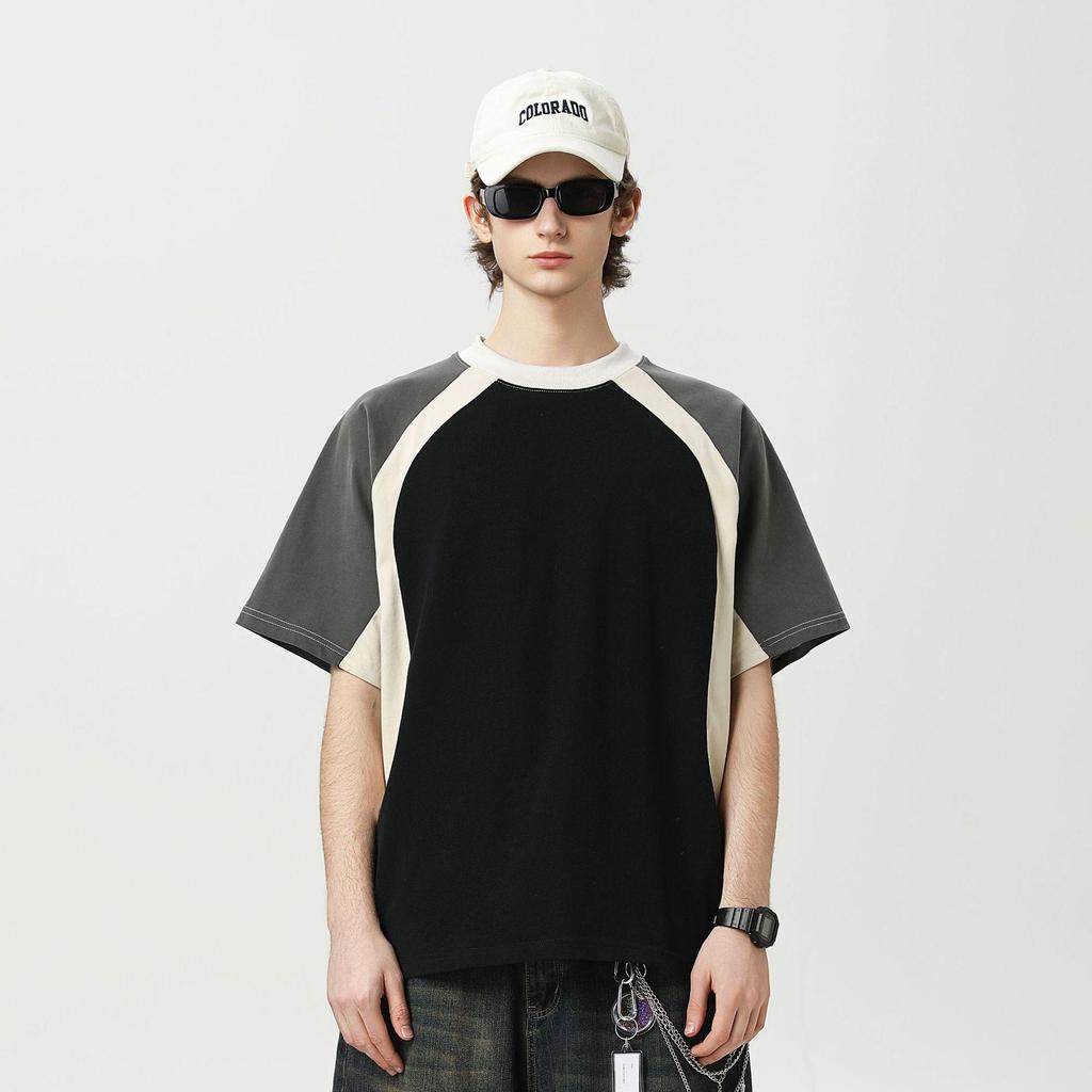 2026 Summer Heavyweight 260G Raglan Colorblock Short Sleeve T-shirt - Trendy Hong Kong Style for Men and Women, Casual Versatile Half Sleeve