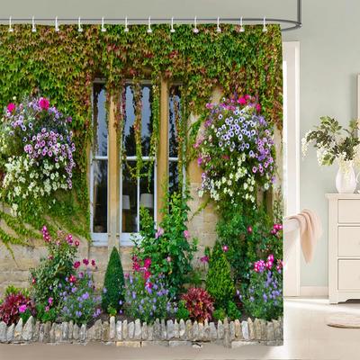 3D European Rural Town Street Landscape Printing Bathroom Waterproof Shower Curtain Outdoor Flower Scenery Curtain Decoration