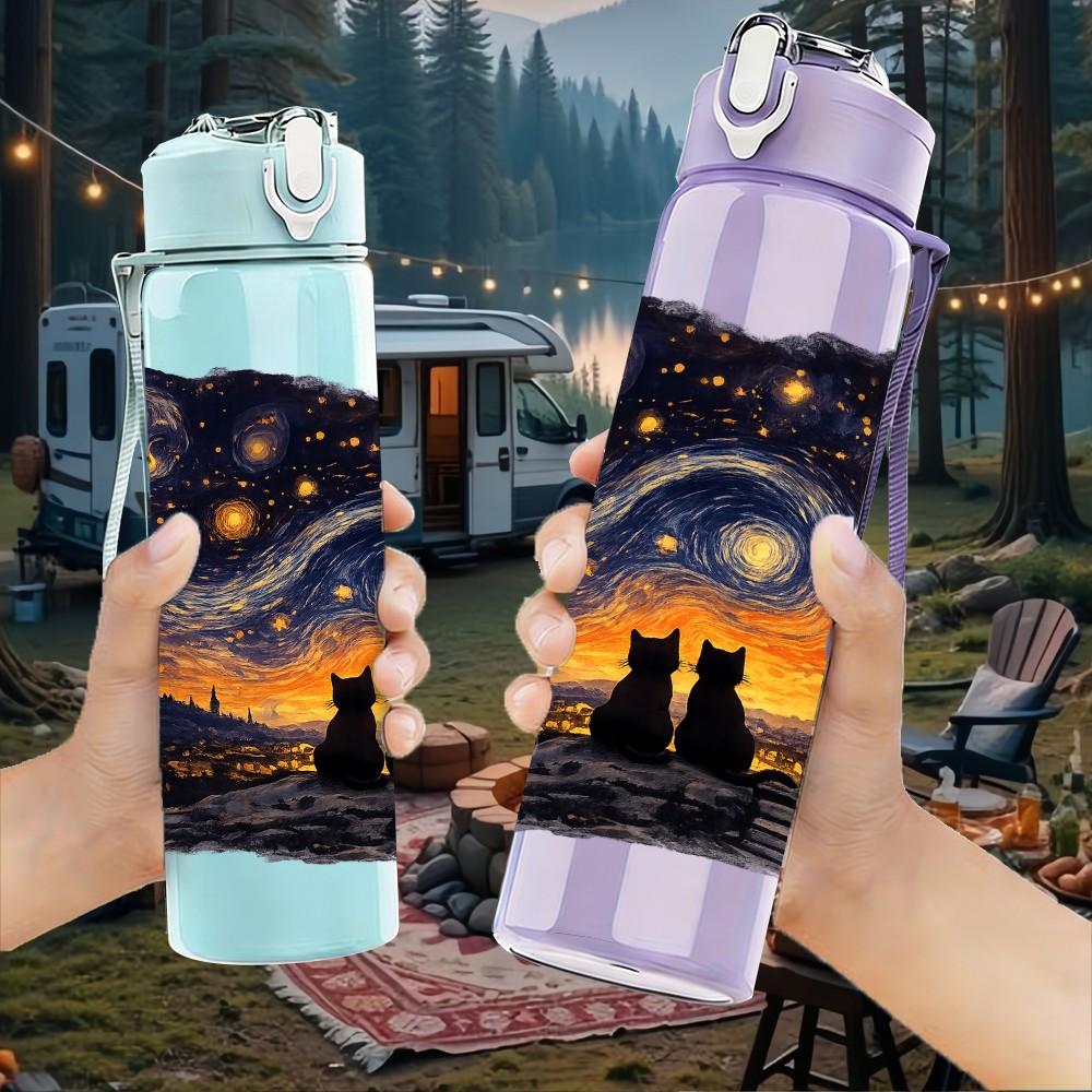 1PC Starry Night Mountain Sky Art Print 750ml Color Plastic Sports Water Bottle Leakproof Flip Straw Lid Suitable for Sports Office Home Use