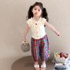 Girls Summer Short Sleeve Plaid Pants Two Piece Set Lightweight and Stylish