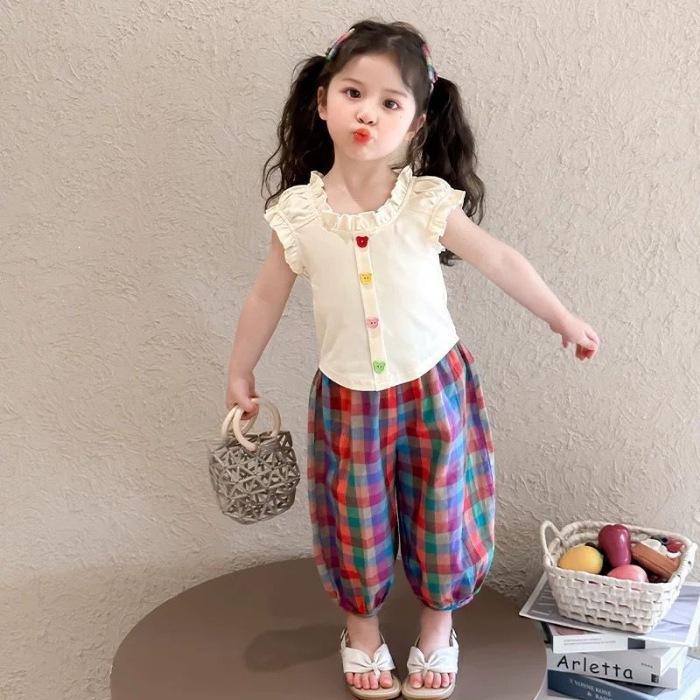 Girls Summer Short Sleeve Plaid Pants Two Piece Set Lightweight and Stylish