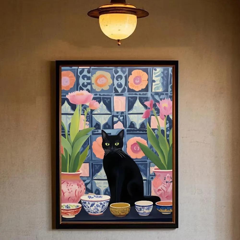 Funny Black Cat Reading Newspapers On The Toilet Canvas Print Green Pink Animal Wall Art Poster for Modern Bathroom Home Decor