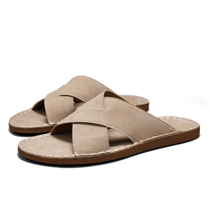Men Slippers Handmade Simple Flats Brown Suede Sandals Summer Open Toe Beige Beach Shoes Plus Size