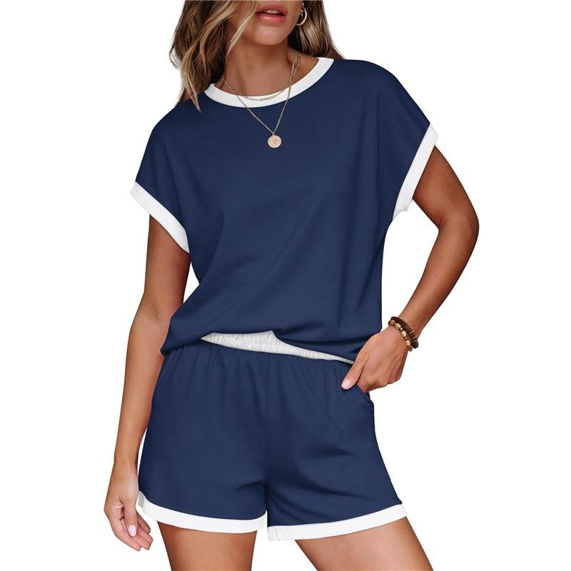 Women's Striped 2 Piece Outfit Casual Short Sleeve T-shirt & High Waist Shorts Set Summer Loungewear