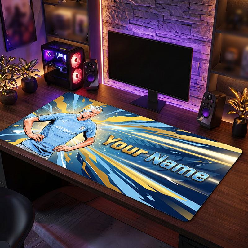 Erling Haaland Custom Large Mouse Pad, Personalized Name Text Print, Football Logo Non‑Slip Desk Mat Gaming Gift
