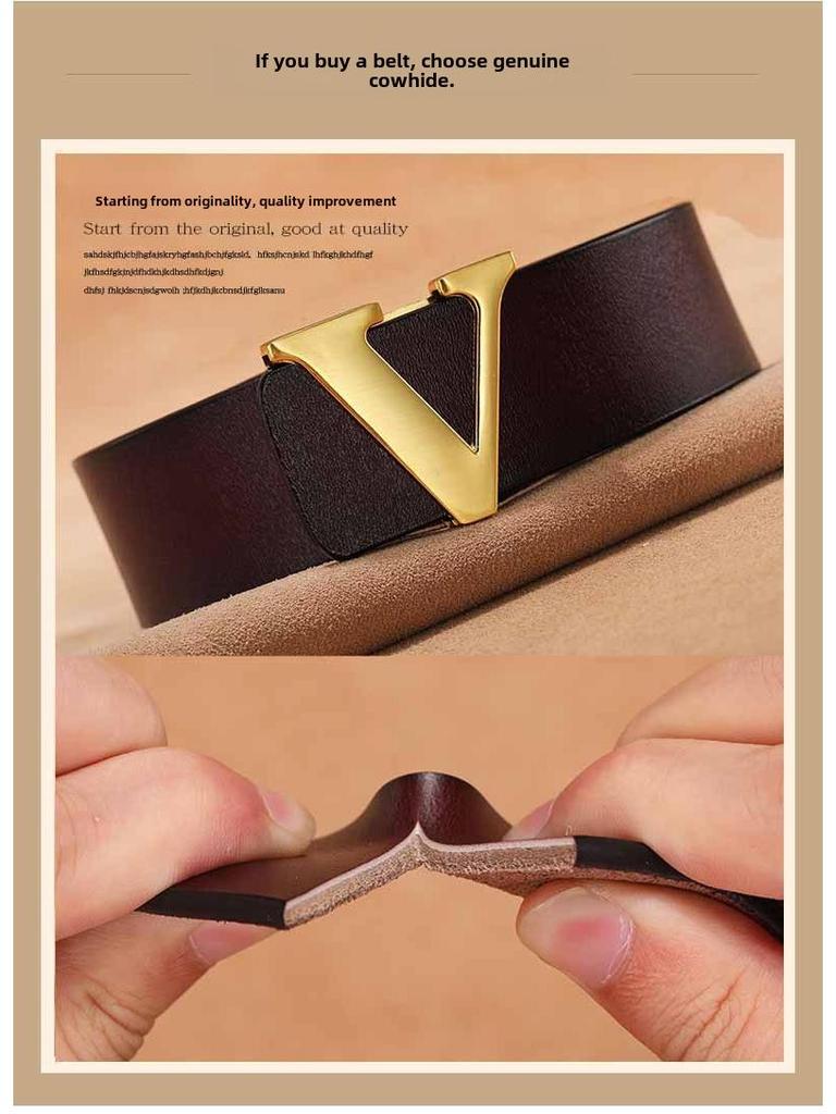 Men's Retro Smooth Buckle Belt - Large Size Genuine Leather Cowhide with Letter V Design