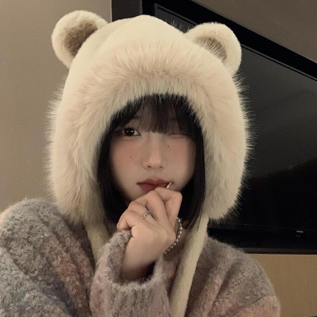 Lei Feng Hat Women's Autumn and Winter Bear Ears Plush Hat Plus Velvet Thickened Cycling Coldproof Ear Protection Hat