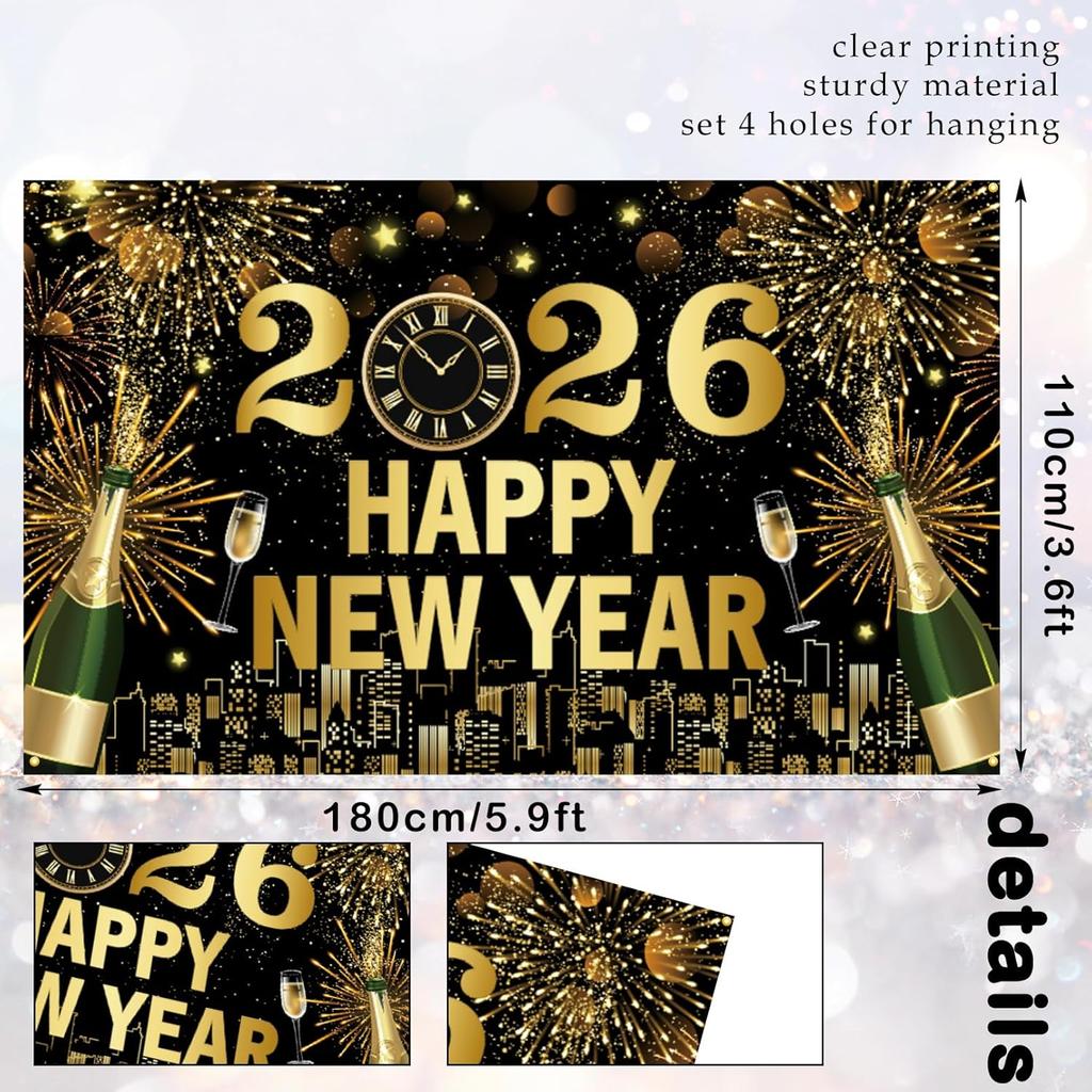 Black and Gold New Years Eve Party 2026 Banner, Large Happy New Year 2026 Banner, NYE Celebration Party Decoration for Friends, Family, Fireplaces,