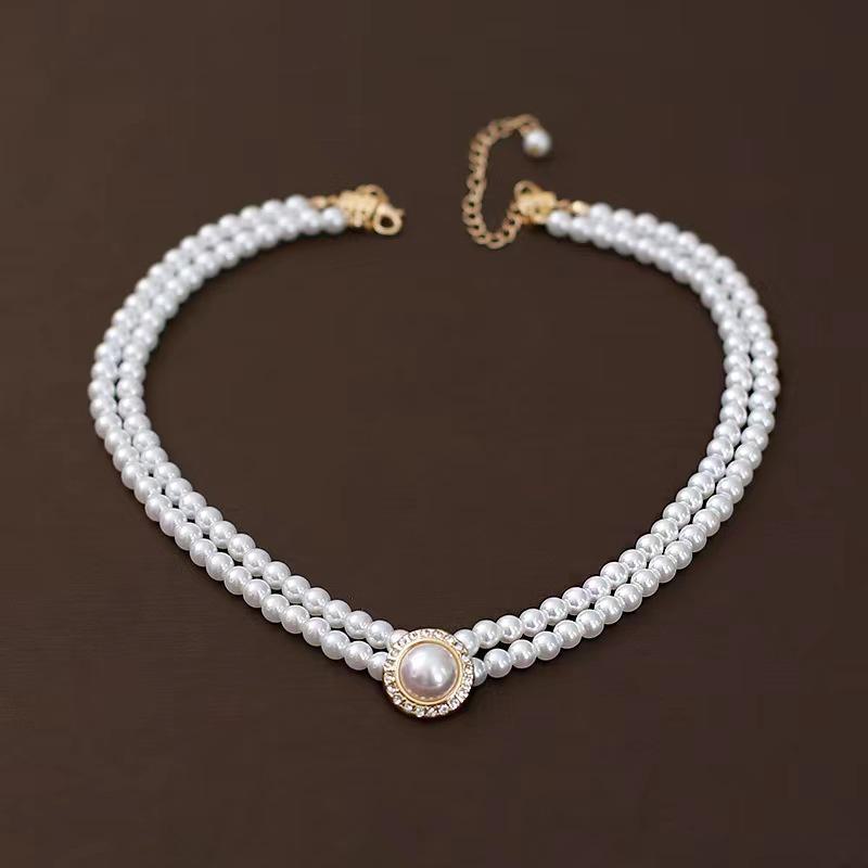 Elegant Retro Pearl Choker Necklace & Diamond Earrings Bridal Set