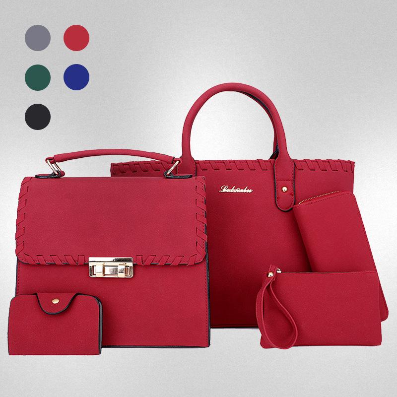 Hochwertige neue Schultertasche in Kontrastfarbe, gewebte Eimertasche mit großem Fassungsvermögen, einfarbige Handtasche mit Verschluss, Umhängetasche, fünfteiliges Set