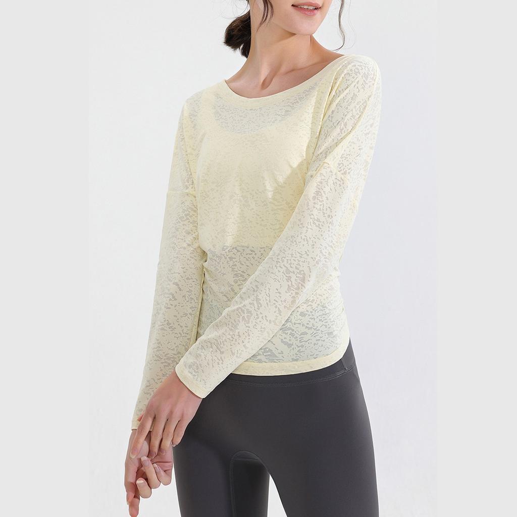 Women's  Long Sleeve Shirt Loose Satin Top Embossed Lace R-neck Silk Lined Top