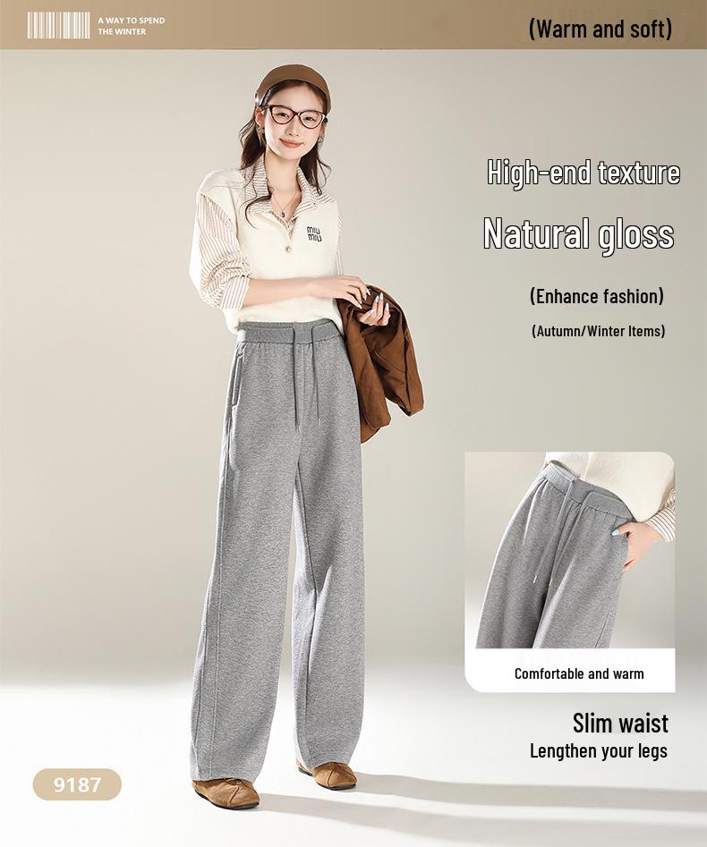 Women's Light Grey High-Waist Wide Leg Wool Pants - Casual Autumn Floor-Length Straight Sport Trousers