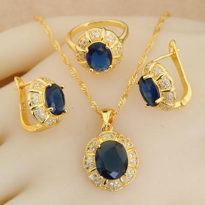 Klassische vergoldete Brautschmucksets für Damen Blauer Kristall Club Ohrringe Halskette Anhänger Ring Hochzeitsgeschenk