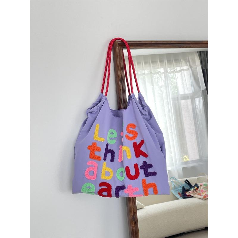 

Large Capacity Tote Bag Lazy Wind Letter Embroidered Canvas Shoulder Bag Women s Portable Shopping Bag фиолетовый