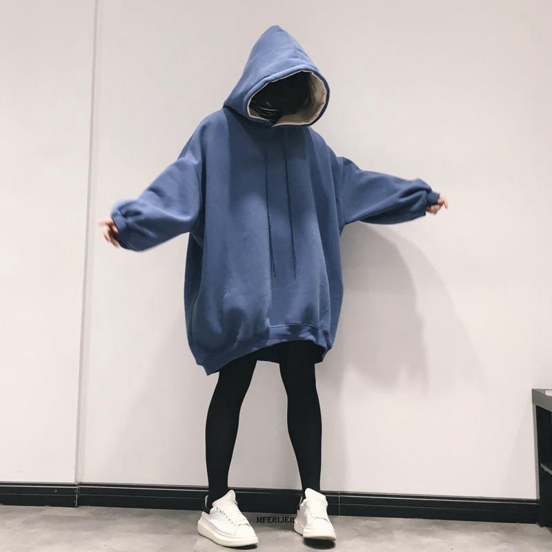 

Зимние флисовые толстовки Harajuku для женщин, однотонная толстовка с капюшоном, женская верхняя одежда с длинным рукавом XXXL синий