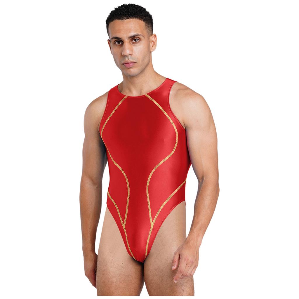 Ärmelloser glänzender Einteiler für Herren, hoch geschnitten, Farbblock-Bodysuit für Strand und Sonnenbaden S-XXL