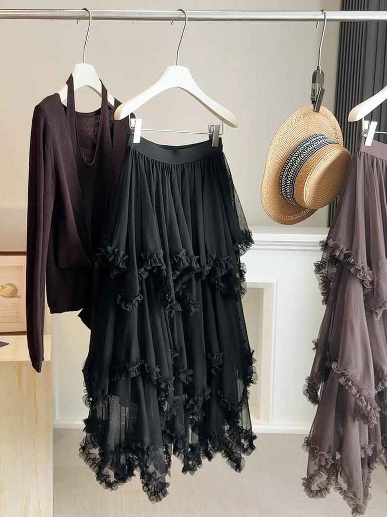 Women's Designer Irregular A-line Ruffled Mesh Skirt - Spring/Summer Collection